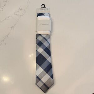 Perry Ellis Blue and Gray Plaid Necktie with Pocket Square